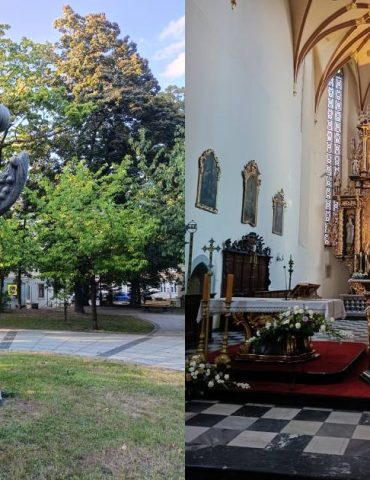 Rzeźba "Ku słońcu" i wnętrze kościoła. Fot. Dominik Flisiak